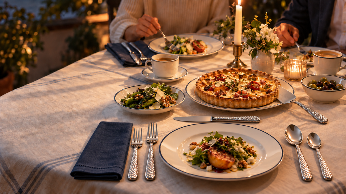 Chefcrest candlelit dining table featuring ivory crockery and five-piece hammered cutlery