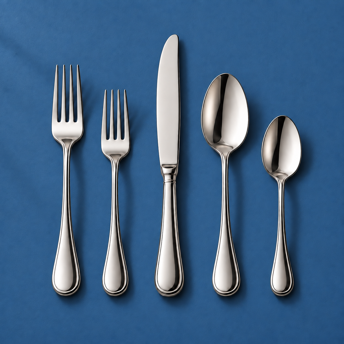 Chefcrest classic polished five-piece cutlery set on medium blue background