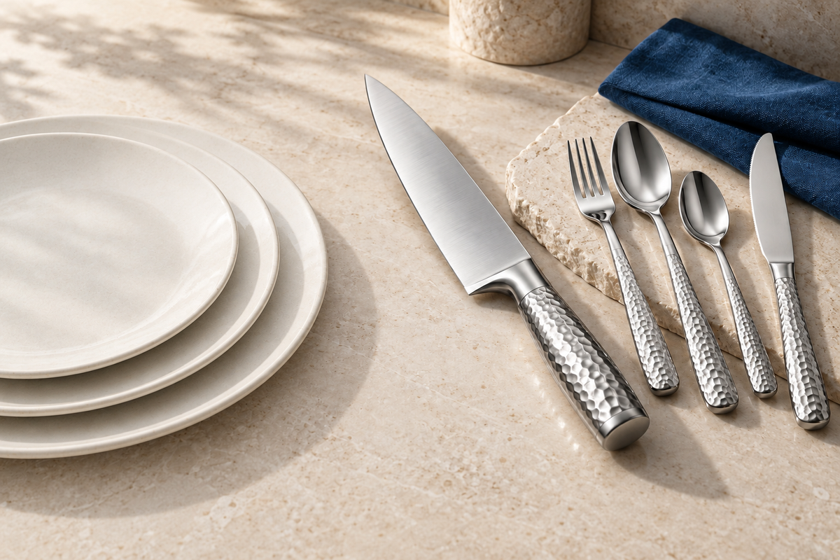 Chefcrest hammered stainless-steel knife and cutlery with ivory ceramic plates