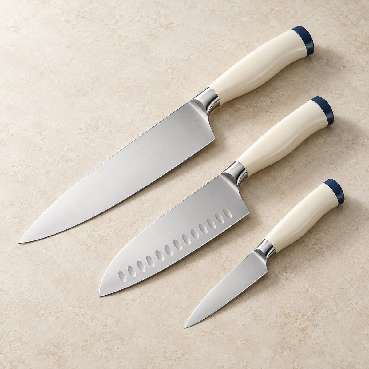 Chefcrest three-piece stainless kitchen knife set with ivory handles